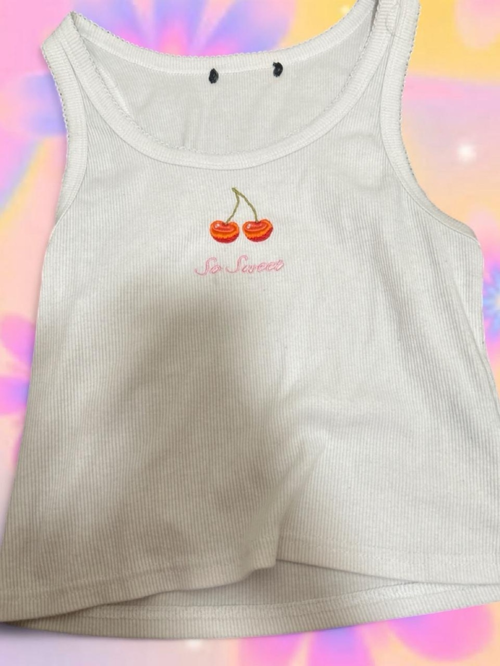 White Ribbed Tank Top with Cherry Embroidery - So Sweet